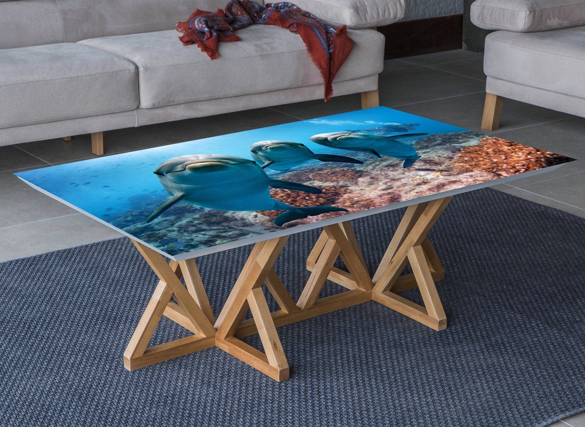 Ocean Dolphins Diver Laminated Vinyl Cover Self-Adhesive for Desk and Tables