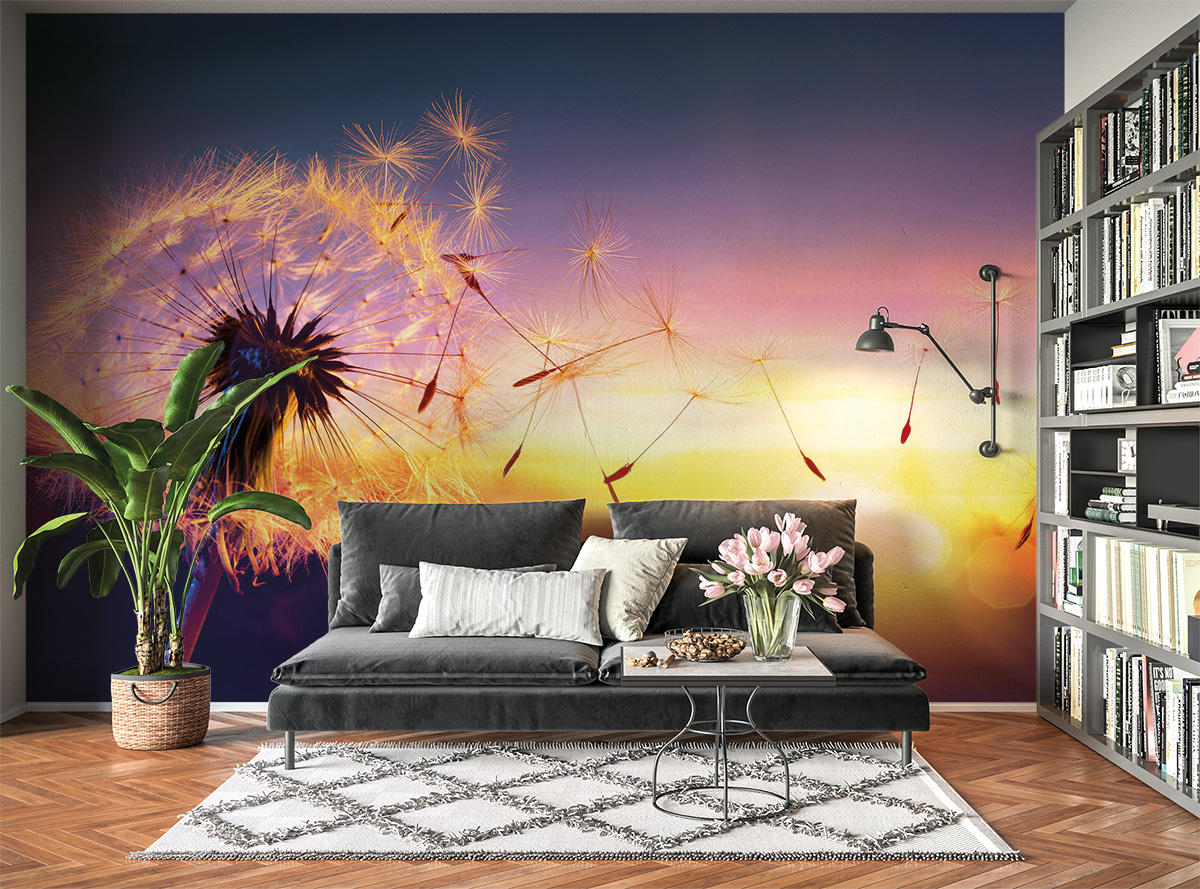 Flowing Dandelion in Sunset Wall Mural Photo Wallpaper UV Print Decal Art Décor