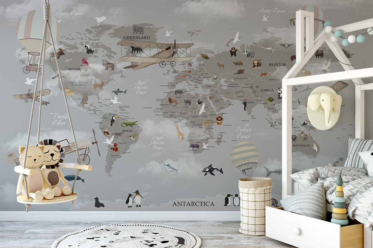 Grey World Map with Animals Wall Mural Photo Wallpaper UV Print Decal Art Décor