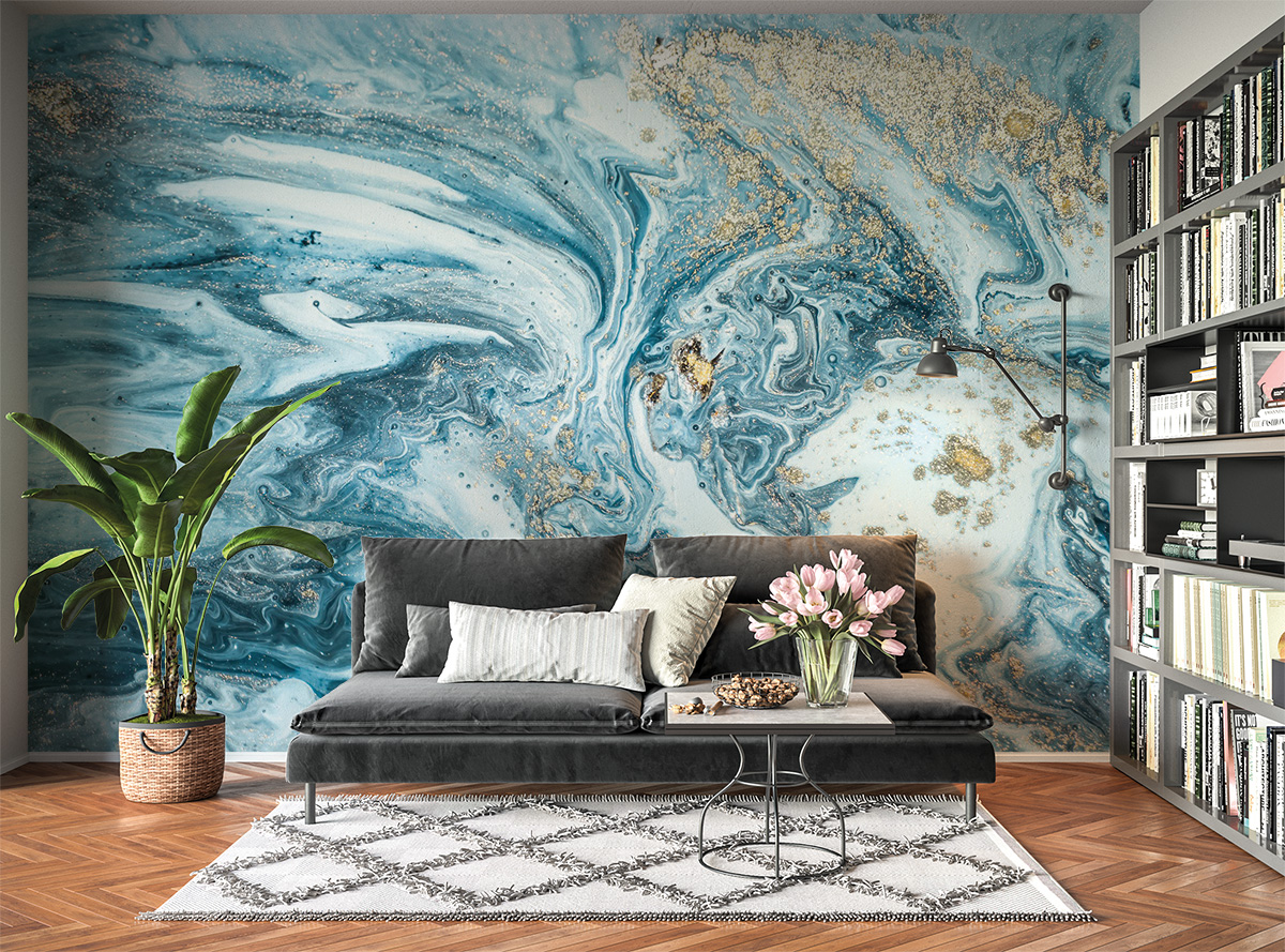 Blue & Gold Marble Effect Wall Mural Photo Wallpaper UV Print Decal Art Décor