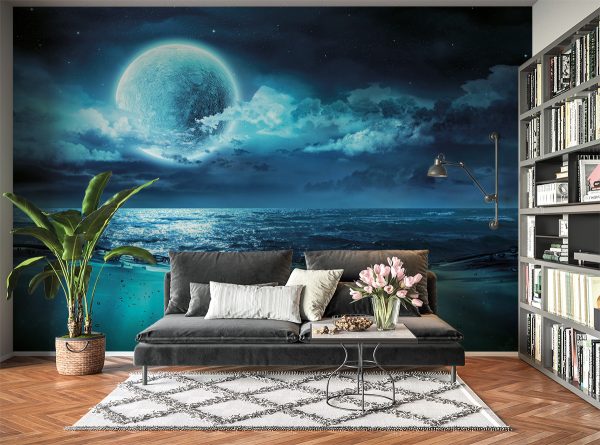 Blue Full Moon & Beach Wall Mural Photo Wallpaper UV Print Decal Art Décor