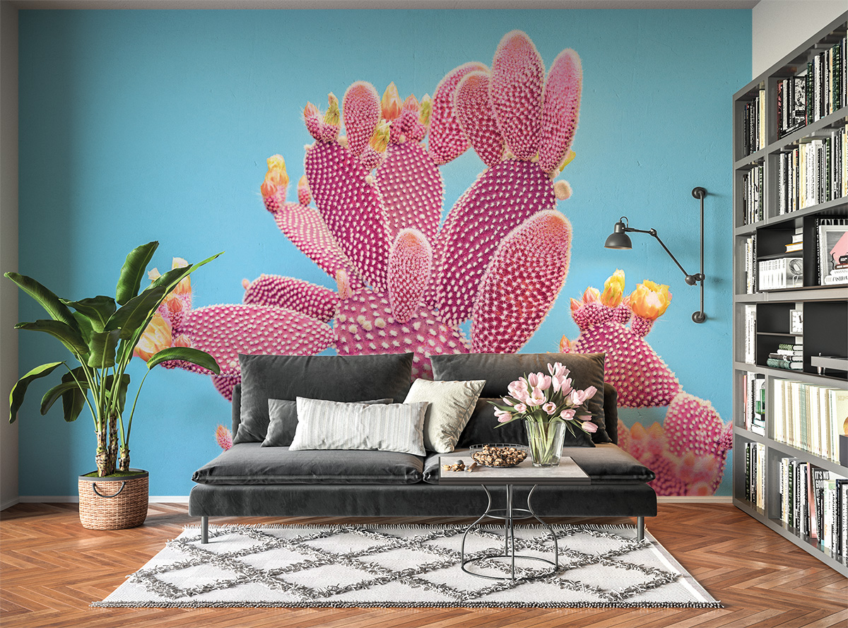 Pink Cactus on Blue Theme Wall Mural Photo Wallpaper UV Print Decal Art Décor