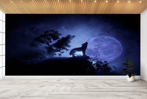 Wolf on Night Moon Theme Wall Mural Photo Wallpaper UV Print Decal Art Décor