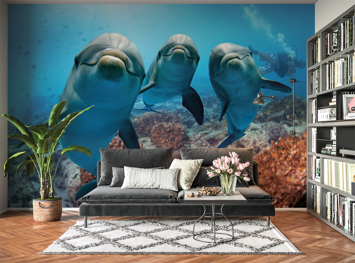 Smiling Dolphins in the Water Wall Mural Photo Wallpaper UV Print Art Décor