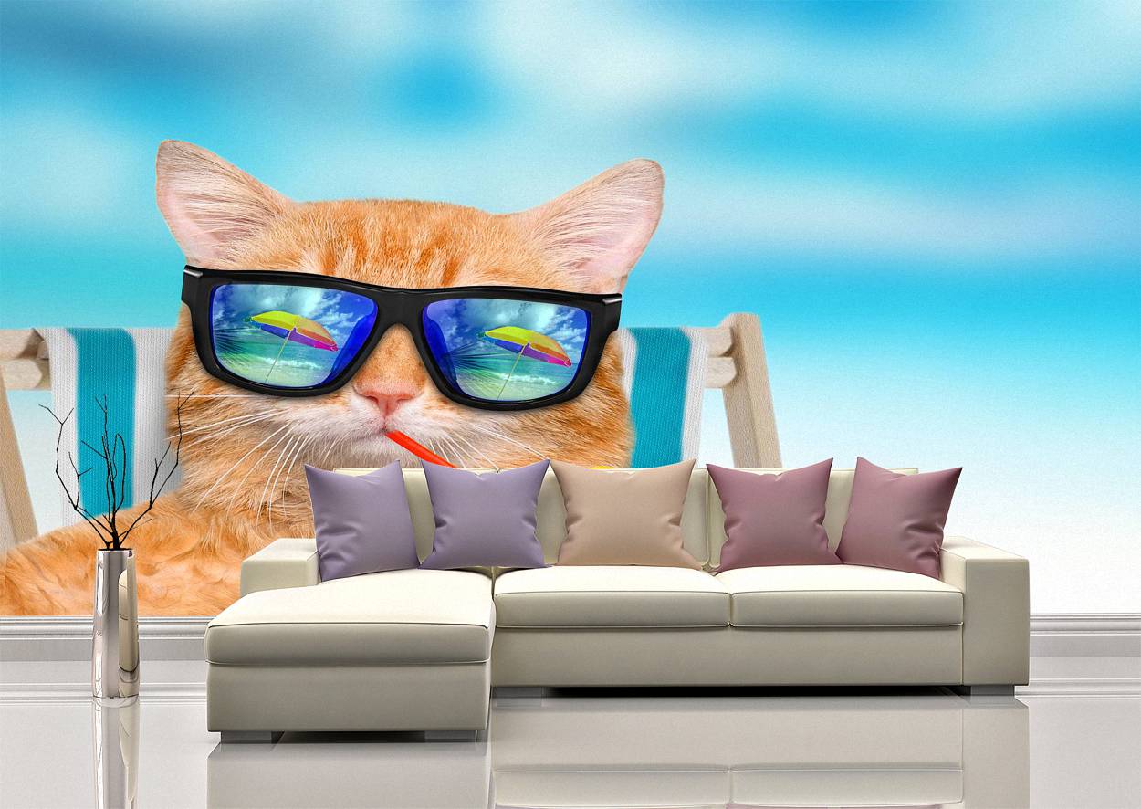 Funny Cat on Holidays Theme Wall Mural Wallpaper Art - Blue Side Studio