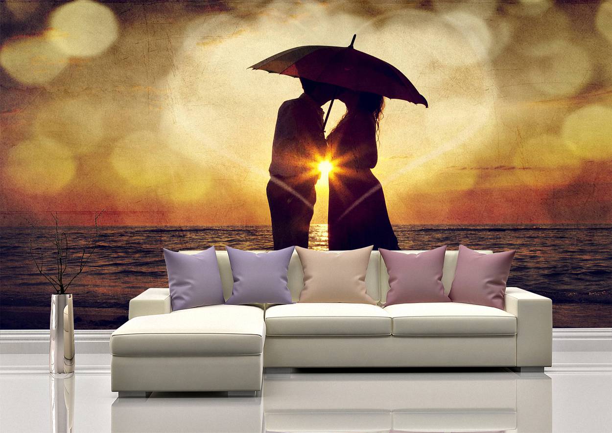 Love Couple Sunset on Beach Wall Mural Wallpaper Art - Blue Side Studio Love Couple Sunset on Beach Wall Mural Wallpaper Art - Blue Side Studio