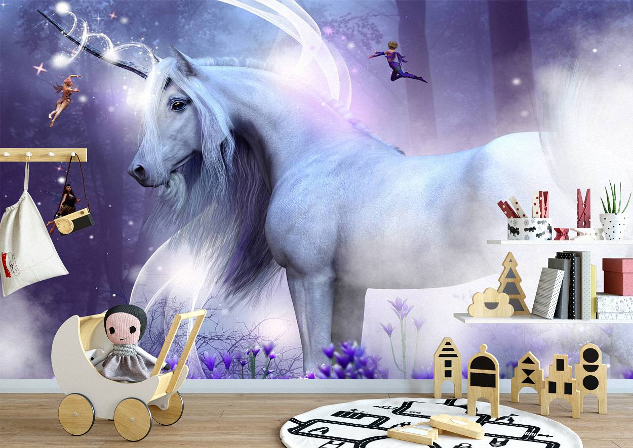 Magic Unicorn & Fairy World Wall Mural Wallpaper Art - Blue Side Studio