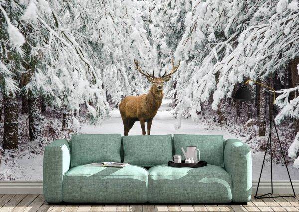 Deer in Winter Scenery Wall Mural Photo Wallpaper UV Print Decal Art Décor