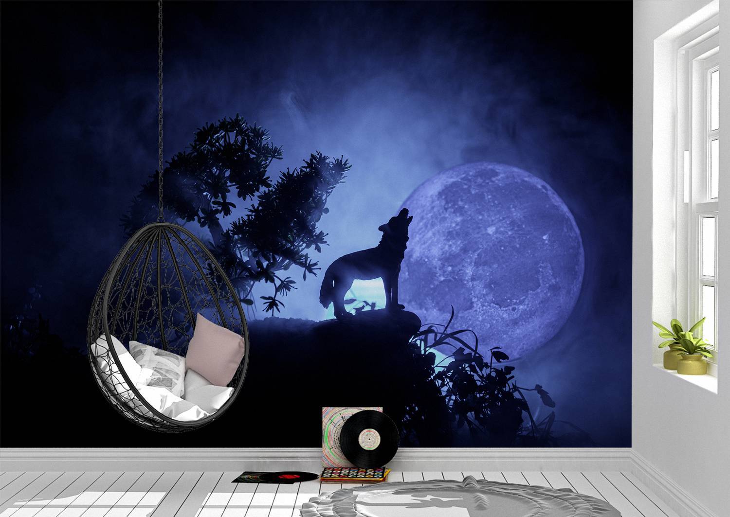 The Wolf Howling to the Moon Wall Mural Photo Wallpaper UV Print Decal Art Décor