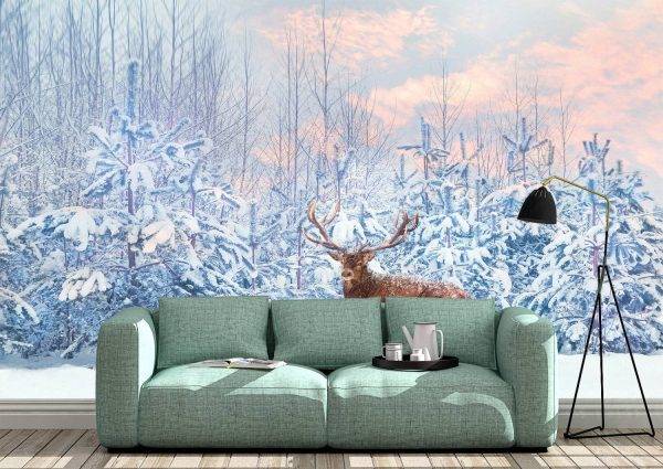 Deer in the Winter Forest Wall Mural Photo Wallpaper UV Print Decal Art Décor