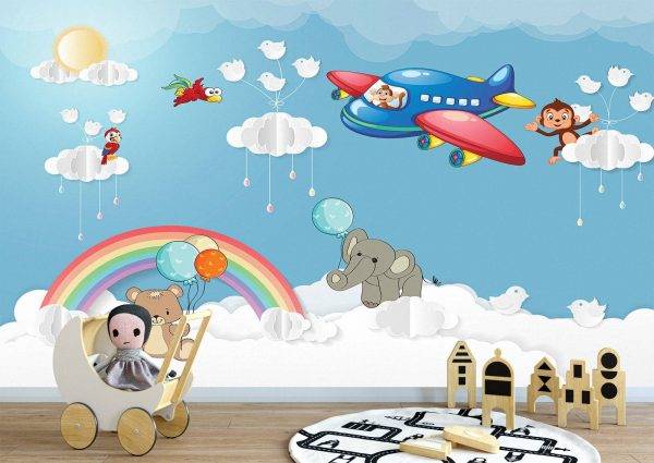 Airplane with Animals Kids Wall Mural Photo Wallpaper UV Print Decal Art Décor