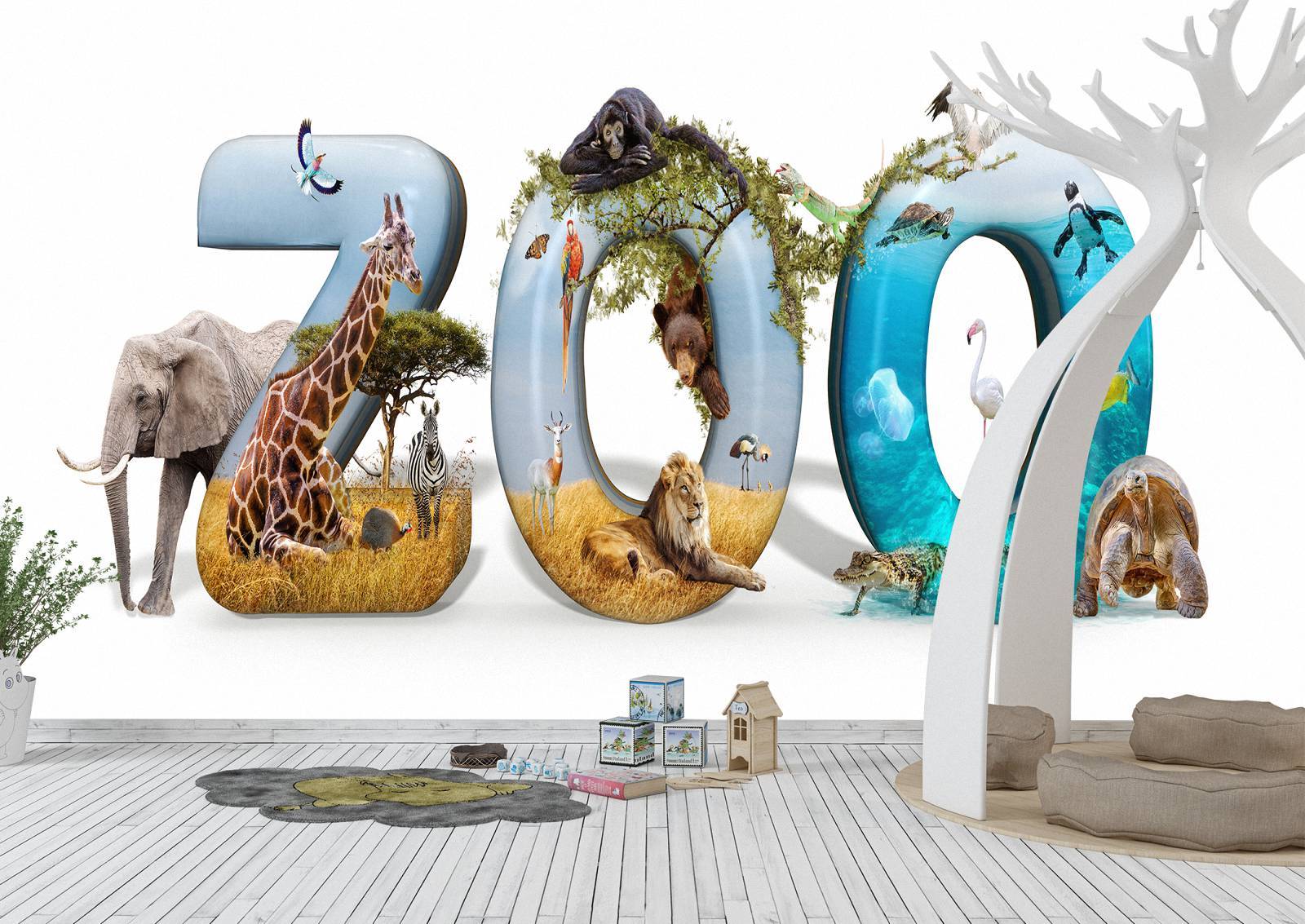 Zoo World in 3D with Animals Wall Mural Photo Wallpaper UV Print Decal Art Décor