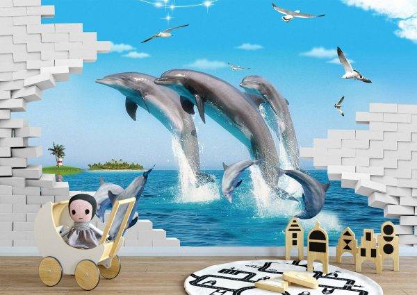 3D Dolphin Theme Kids Room Wall Mural Photo Wallpaper UV Print Decal Art Décor
