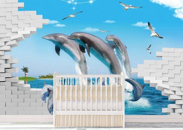3D Dolphin Theme Kids Room Wall Mural Photo Wallpaper UV Print Decal Art Décor