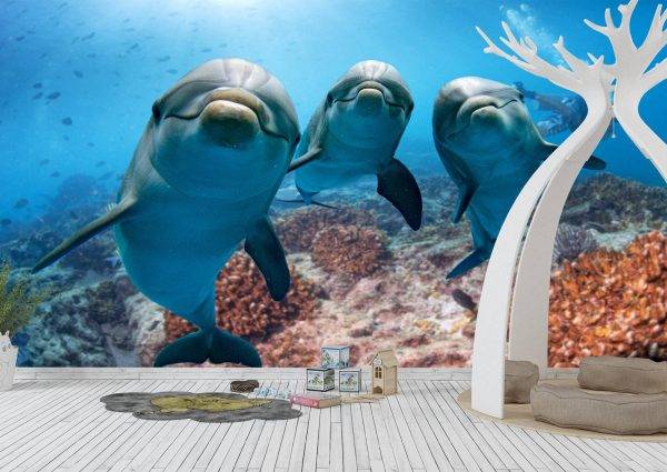 Happy Dolphins Underwater Wall Mural Photo Wallpaper UV Print Decal Art Décor