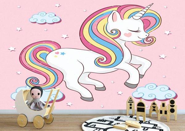 Happy Unicorn on the Wall Mural Photo Wallpaper UV Print Decal Art Décor