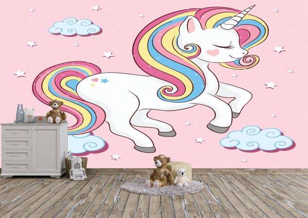 Happy Unicorn on the Wall Mural Photo Wallpaper UV Print Decal Art Décor