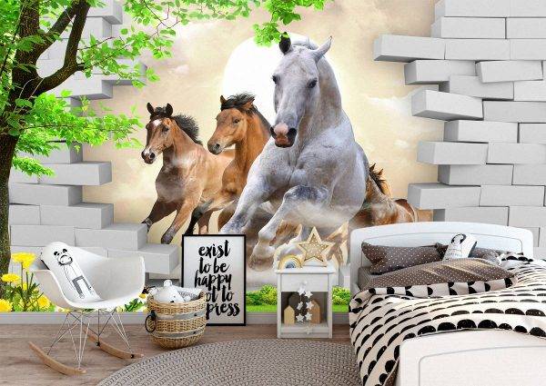 Horses Coming Out The Wall Mural Photo Wallpaper UV Print Decal Art Décor