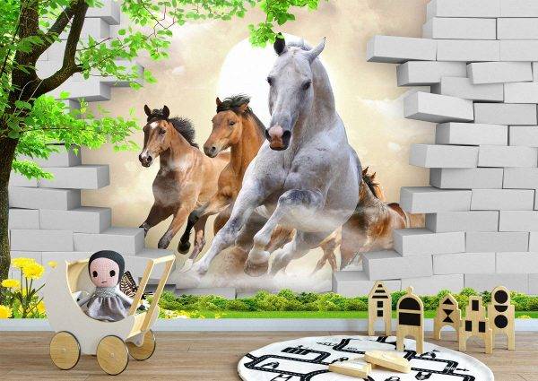 Horses Coming Out The Wall Mural Photo Wallpaper UV Print Decal Art Décor
