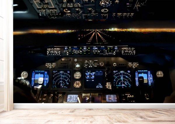 Airport and Cockpit at Night Wall Mural Photo Wallpaper UV Print Decal Art Décor