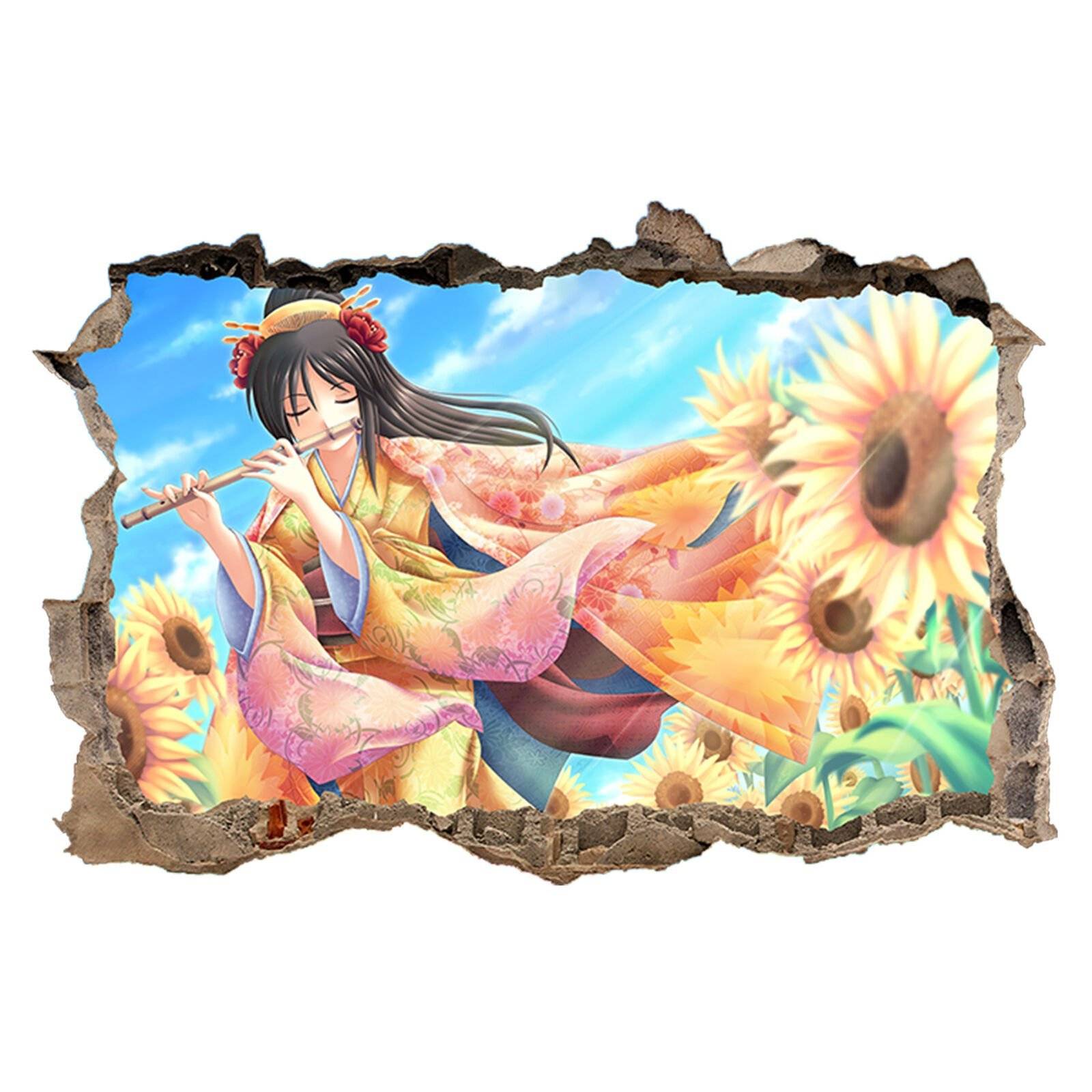 A Hole In The Wall Manga Anime Girl in Sunflower Field 3D Hole in The Wall Effect Wall Sticker Decal  - Blue Side Studio